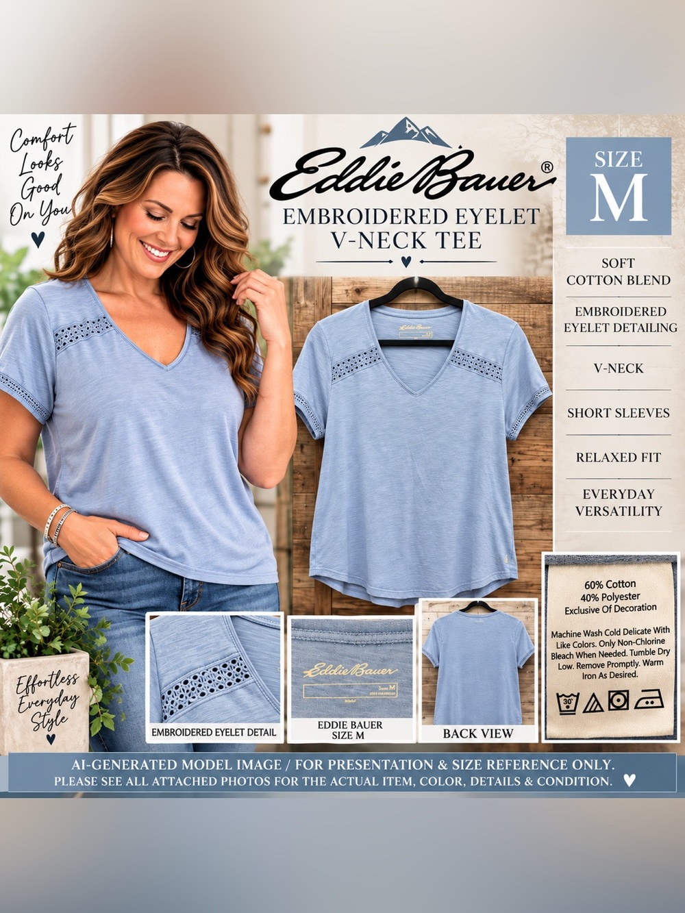 Eddie Bauer Blue Embroidered Eyelet V-Neck Tee Medium